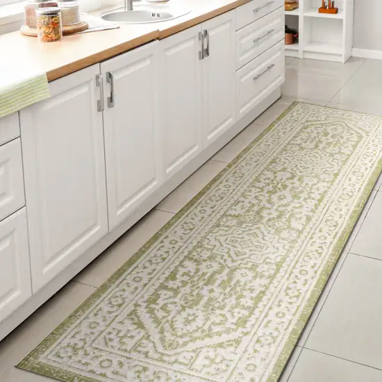 10' Green And Cream Medallion Indoor Outdoor Runner Rug Photo 6