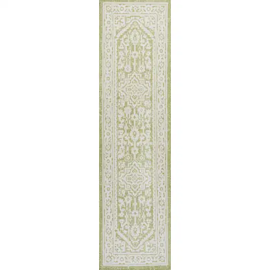 8' Green And Cream Medallion Indoor Outdoor Runner Rug Photo 1