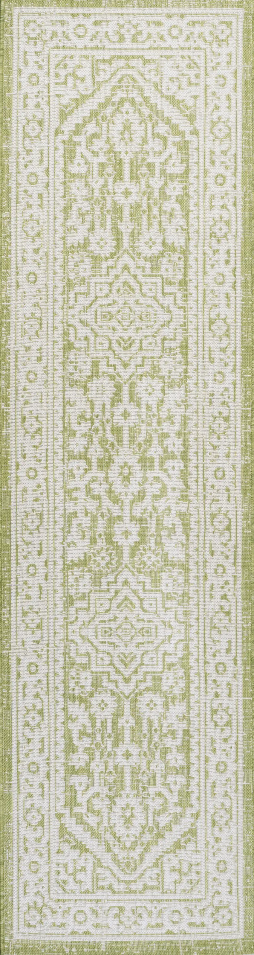 8' Green And Cream Medallion Indoor Outdoor Runner Rug Photo 1