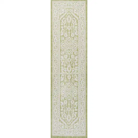 8' Green And Cream Medallion Indoor Outdoor Runner Rug Photo 3
