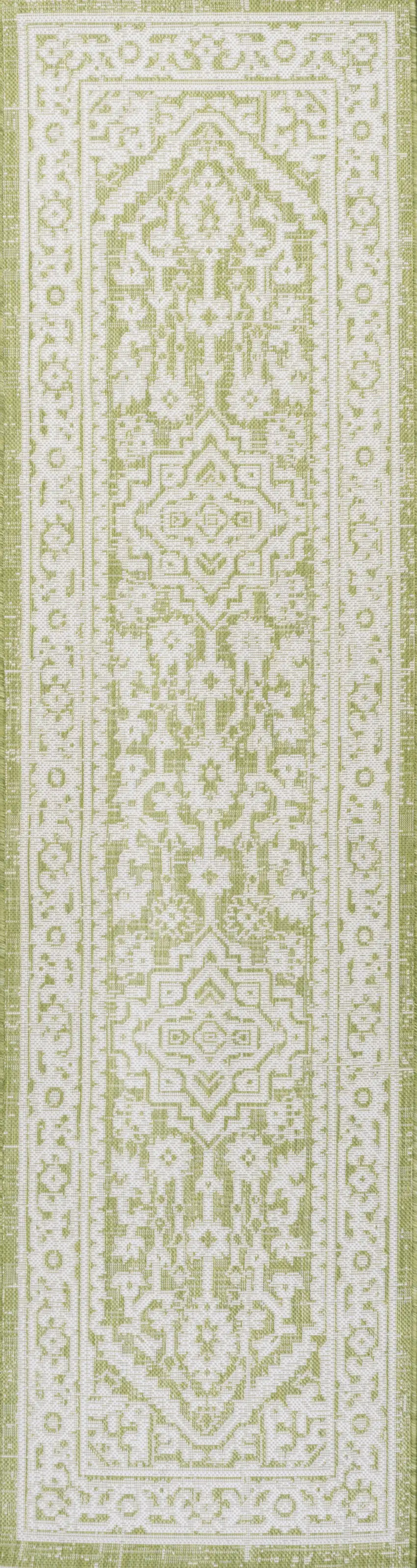 8' Green And Cream Medallion Indoor Outdoor Runner Rug Photo 3
