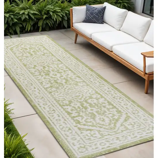 8' Green And Cream Medallion Indoor Outdoor Runner Rug Photo 1