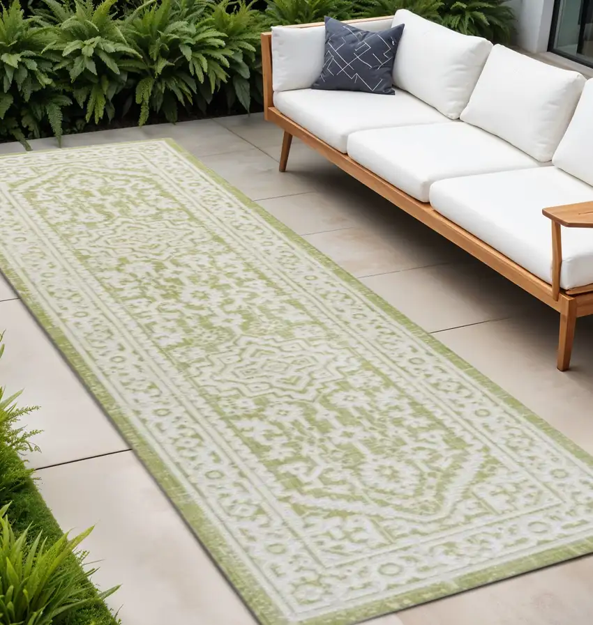 8' Green And Cream Medallion Indoor Outdoor Runner Rug Photo 1