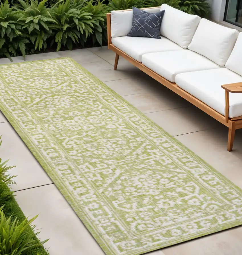10' Green And Cream Medallion Indoor Outdoor Runner Rug Photo 1
