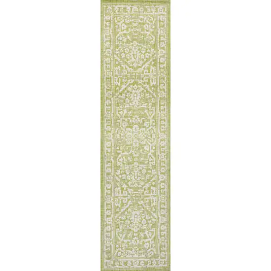 10' Green And Cream Medallion Indoor Outdoor Runner Rug Photo 1