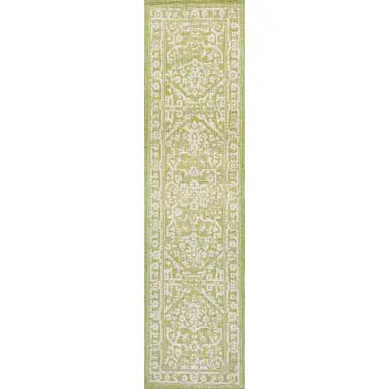 10' Green And Cream Medallion Indoor Outdoor Runner Rug Photo 2