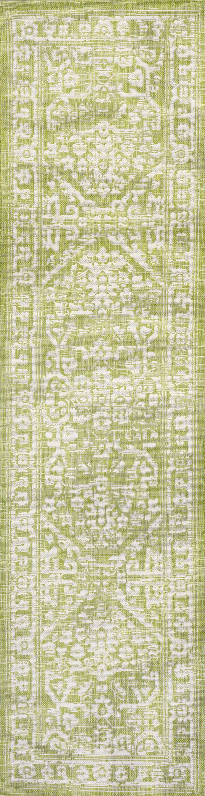 10' Green And Cream Medallion Indoor Outdoor Runner Rug Photo 2