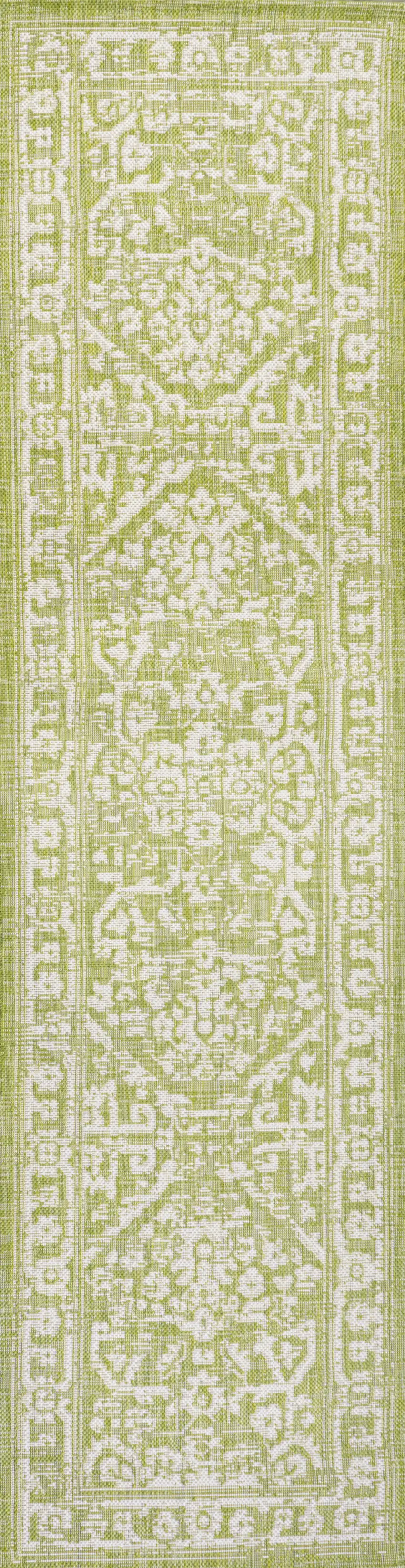8' Green And Cream Medallion Indoor Outdoor Runner Rug Photo 1
