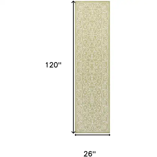 10' Green And Cream Medallion Indoor Outdoor Runner Rug Photo 4