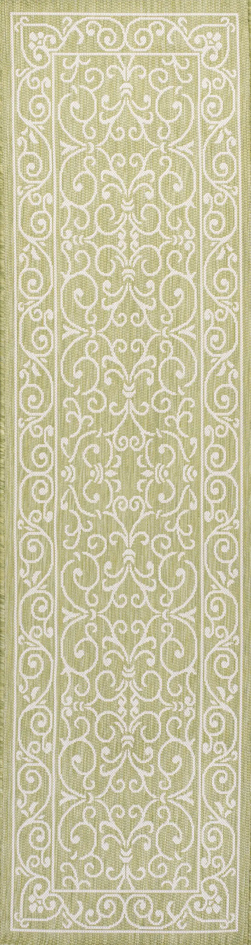 10' Green And Cream Medallion Indoor Outdoor Runner Rug Photo 3