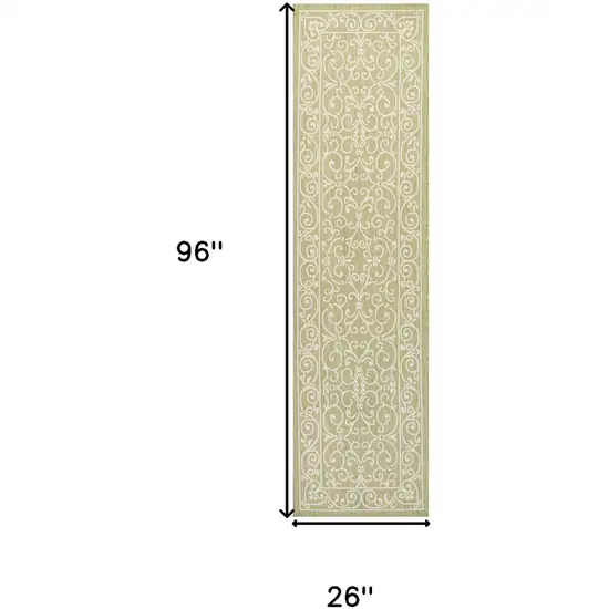 8' Green And Cream Medallion Indoor Outdoor Runner Rug Photo 4