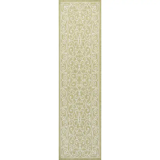 8' Green And Cream Medallion Indoor Outdoor Runner Rug Photo 1