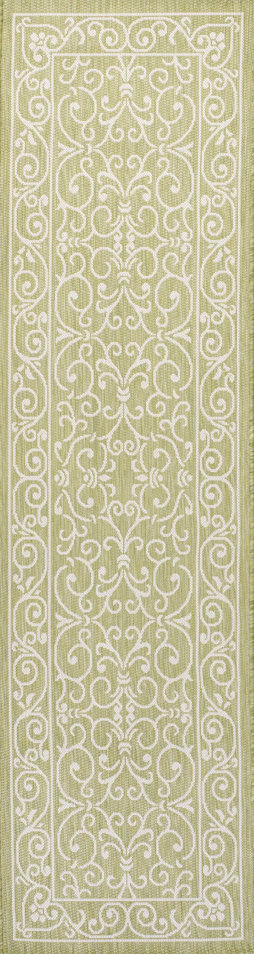 8' Green And Cream Medallion Indoor Outdoor Runner Rug Photo 1