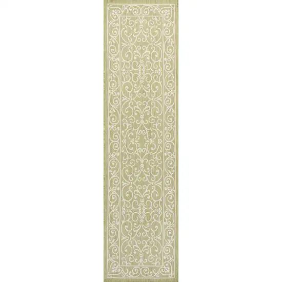 8' Green And Cream Medallion Indoor Outdoor Runner Rug Photo 3