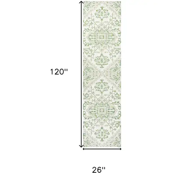 10' Green And Cream Medallion Indoor Outdoor Runner Rug Photo 7