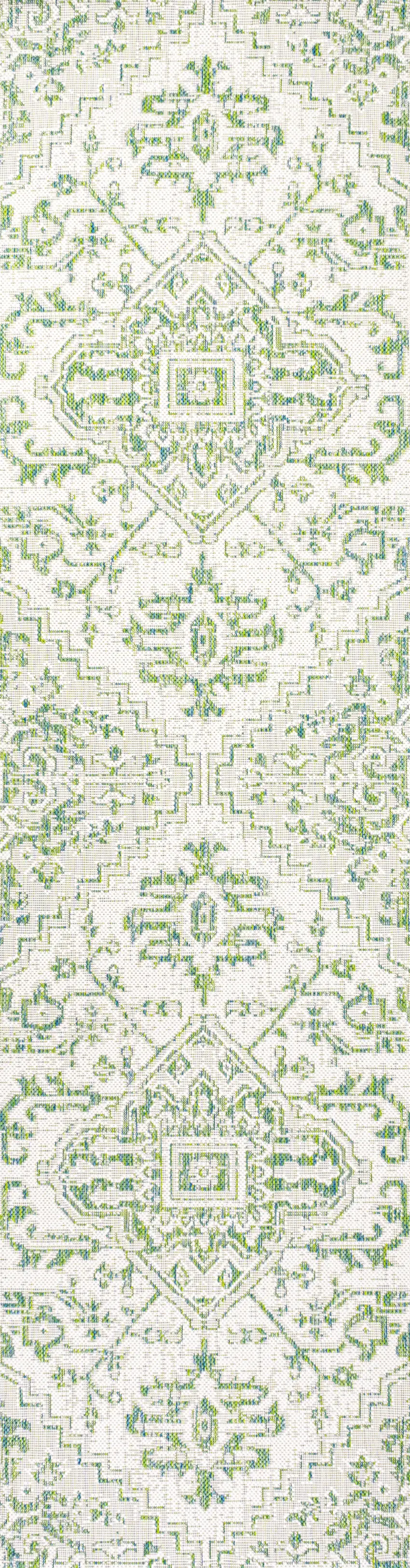 10' Green And Cream Medallion Indoor Outdoor Runner Rug Photo 1