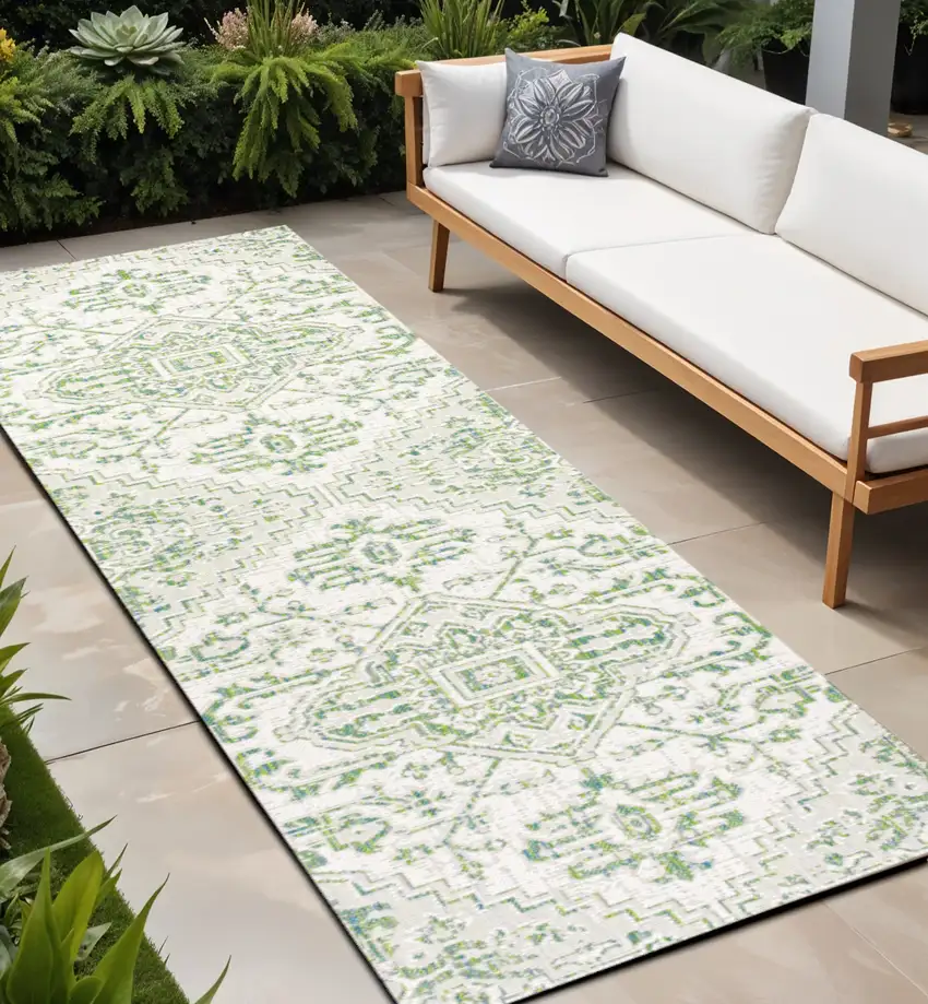 10' Green And Cream Medallion Indoor Outdoor Runner Rug Photo 1