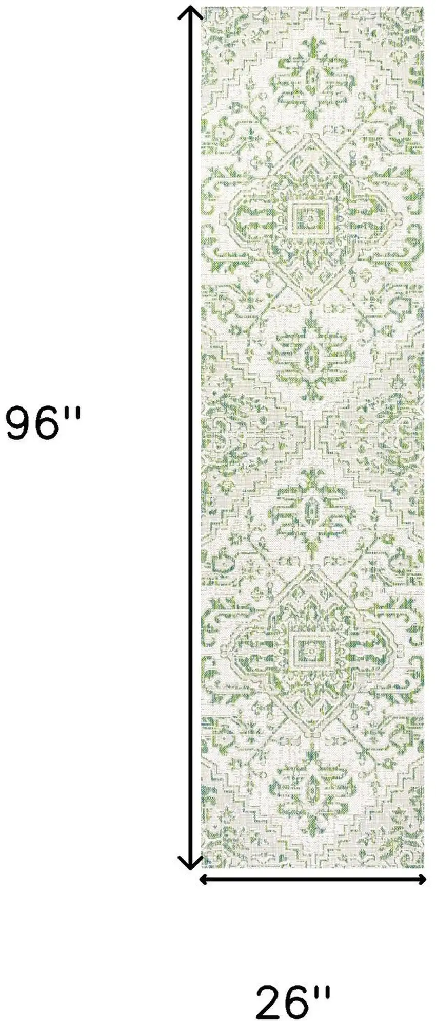 8' Green And Cream Medallion Indoor Outdoor Runner Rug Photo 7
