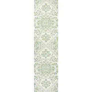 Photo of 8' Green And Cream Medallion Indoor Outdoor Runner Rug