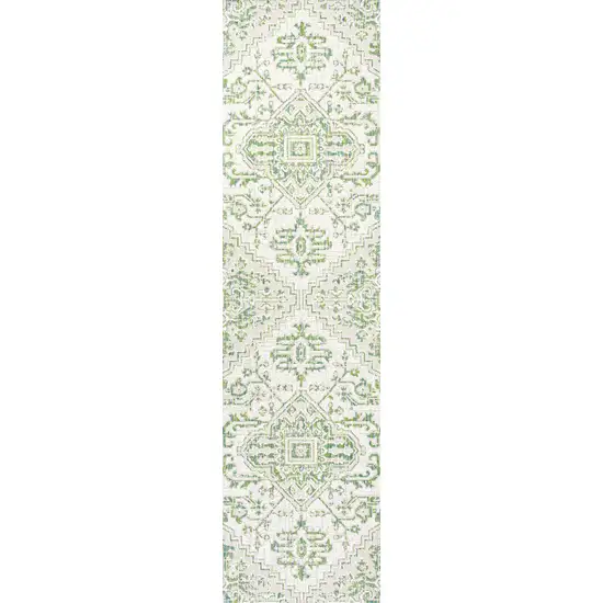 8' Green And Cream Medallion Indoor Outdoor Runner Rug Photo 1
