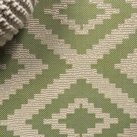 10' Green And Cream Moroccan Indoor Outdoor Runner Rug Photo 9