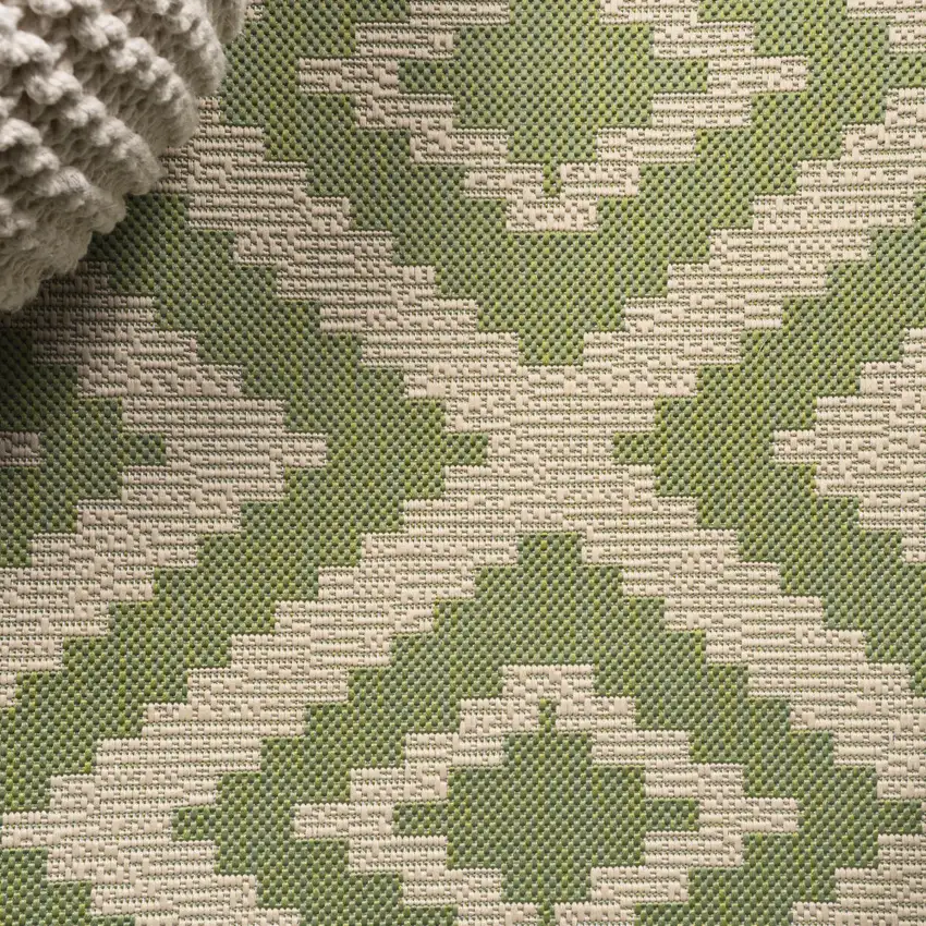 10' Green And Cream Moroccan Indoor Outdoor Runner Rug Photo 9