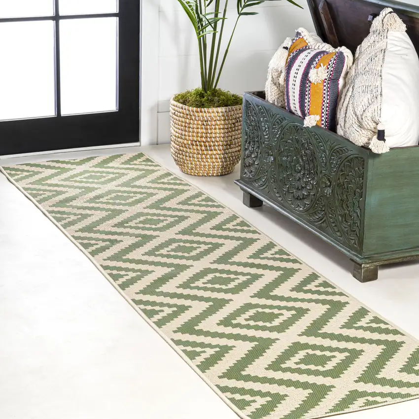 10' Green And Cream Moroccan Indoor Outdoor Runner Rug Photo 4