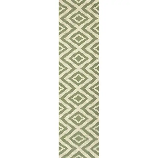 10' Green And Cream Moroccan Indoor Outdoor Runner Rug Photo 2