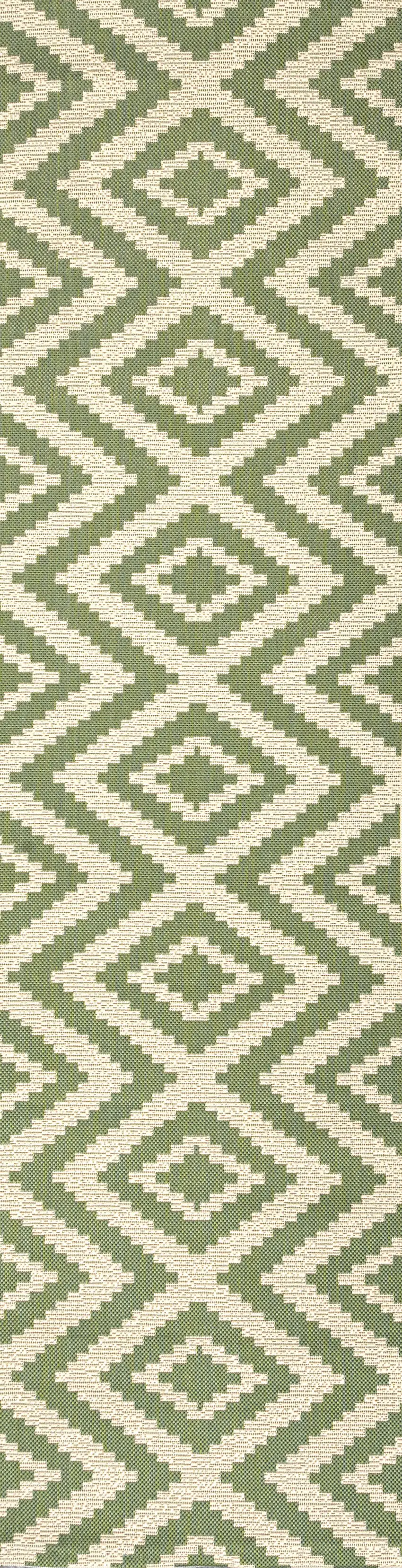 8' Green And Cream Moroccan Indoor Outdoor Runner Rug Photo 2