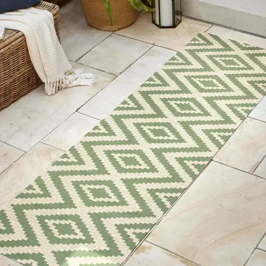 8' Green And Cream Moroccan Indoor Outdoor Runner Rug Photo 5