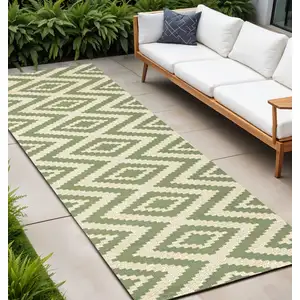 Photo of 8' Green And Cream Moroccan Indoor Outdoor Runner Rug