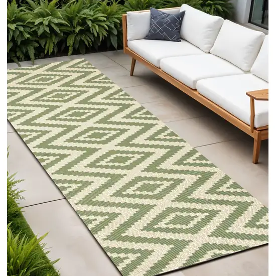 8' Green And Cream Moroccan Indoor Outdoor Runner Rug Photo 1