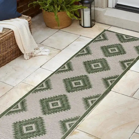 8' Green And Cream Moroccan Indoor Outdoor Runner Rug Photo 3