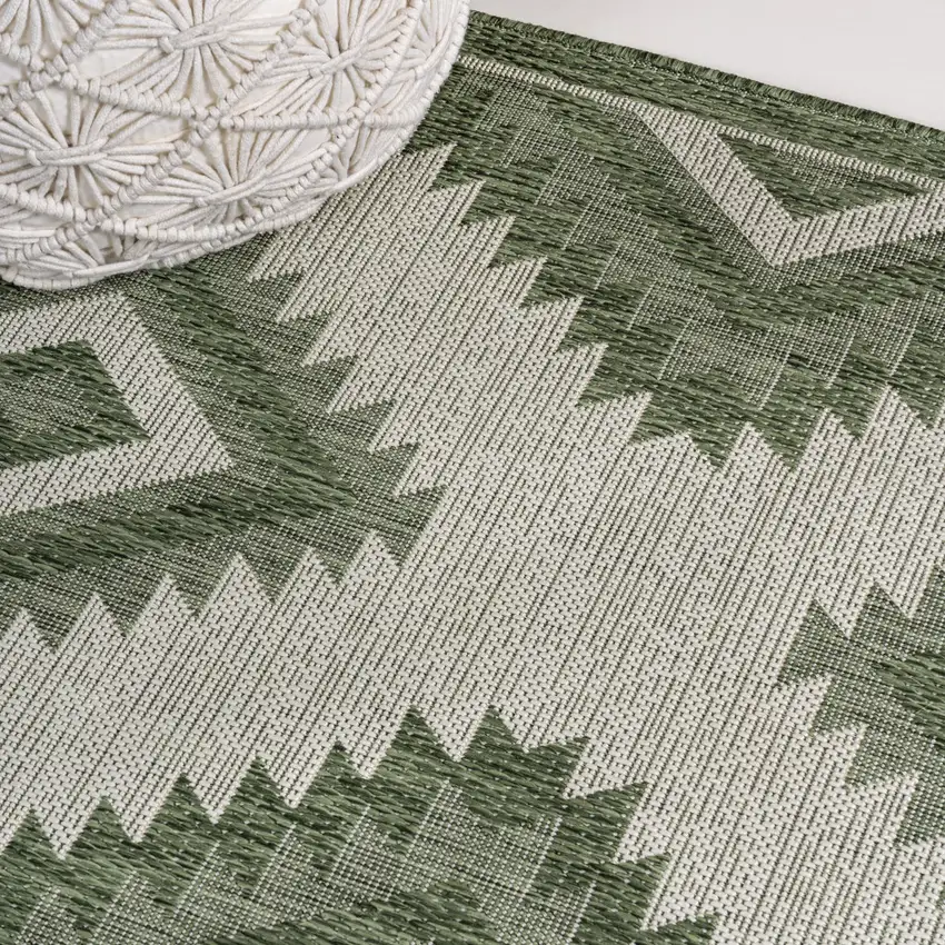 8' Green And Cream Moroccan Indoor Outdoor Runner Rug Photo 7