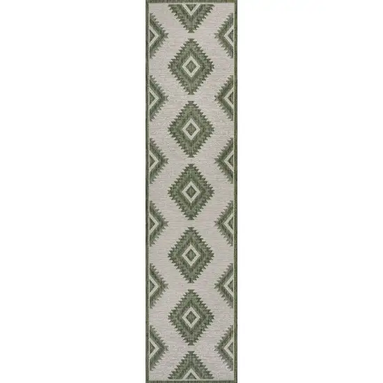 8' Green And Cream Moroccan Indoor Outdoor Runner Rug Photo 5