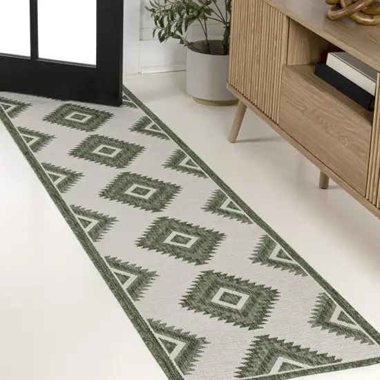 8' Green And Cream Moroccan Indoor Outdoor Runner Rug Photo 2
