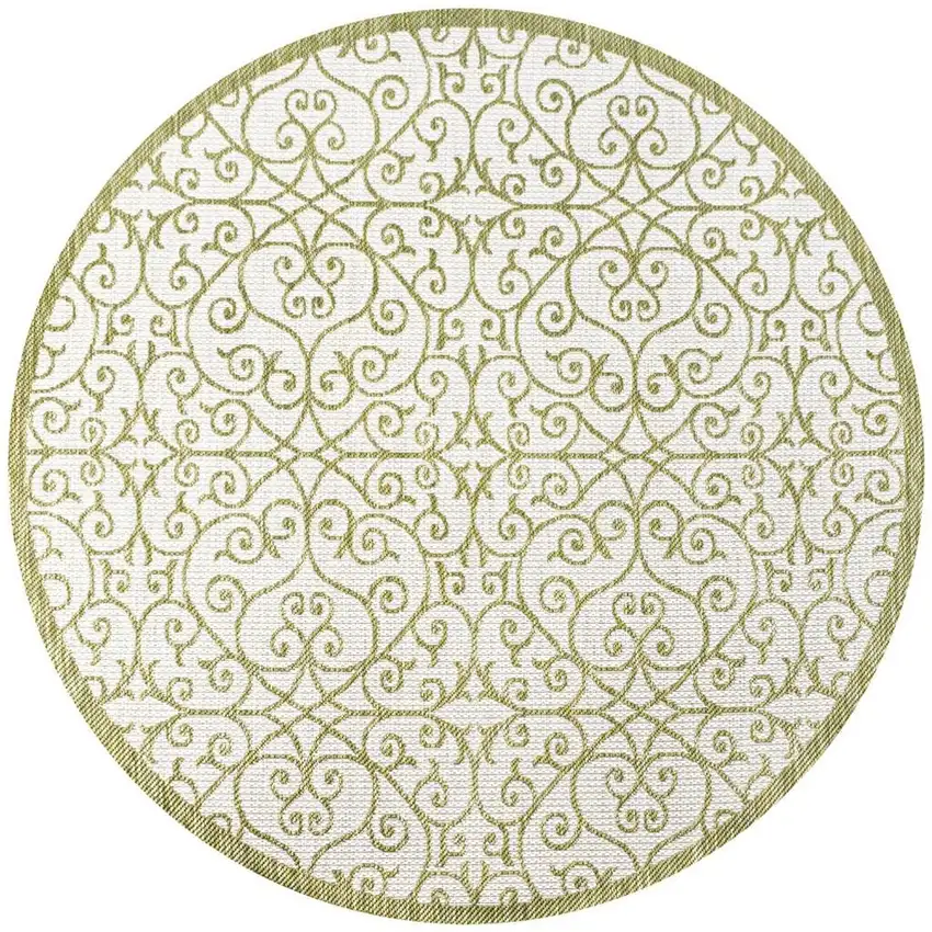 5' Green And Cream Round Geometric Indoor Outdoor Area Rug Photo 3