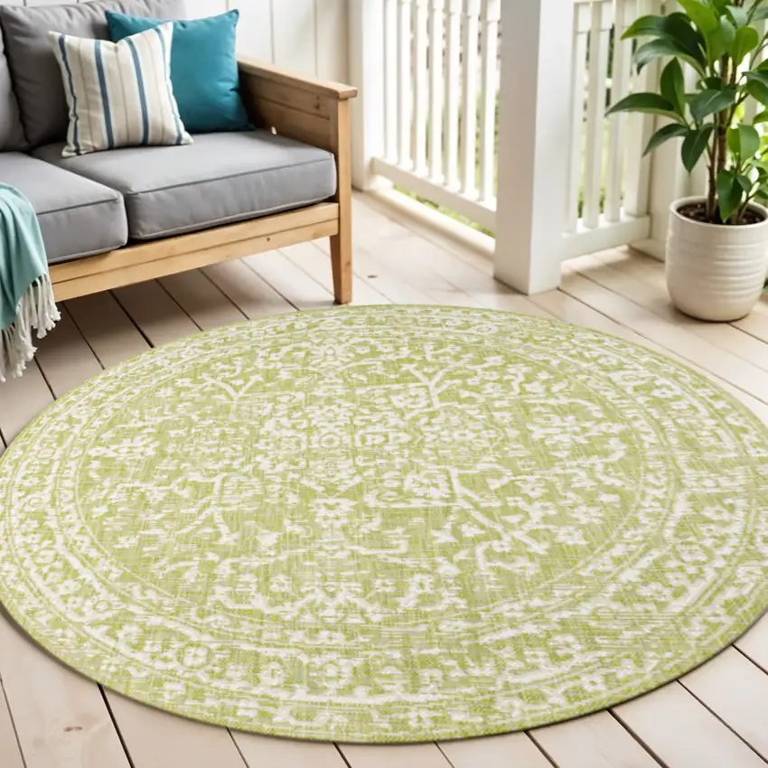 5' Green And Cream Round Medallion Indoor Outdoor Area Rug Photo 1