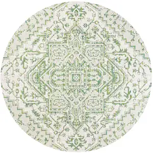 Photo of 5' Green And Cream Round Medallion Indoor Outdoor Area Rug