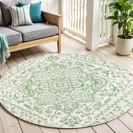 5' Green And Cream Round Medallion Indoor Outdoor Area Rug Photo 1