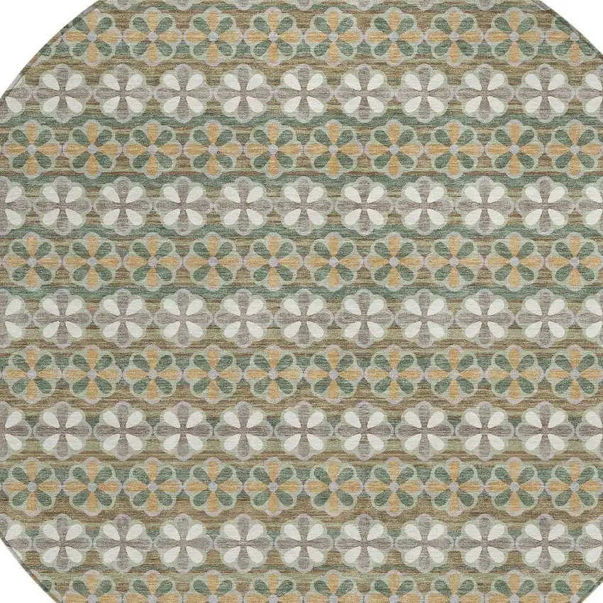 8' Green And Cream Round Striped Washable Indoor Outdoor Area Rug Photo 3