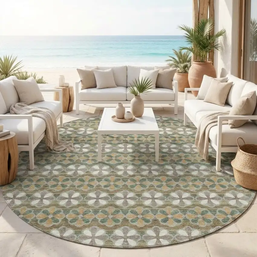 8' Green And Cream Round Striped Washable Indoor Outdoor Area Rug Photo 1