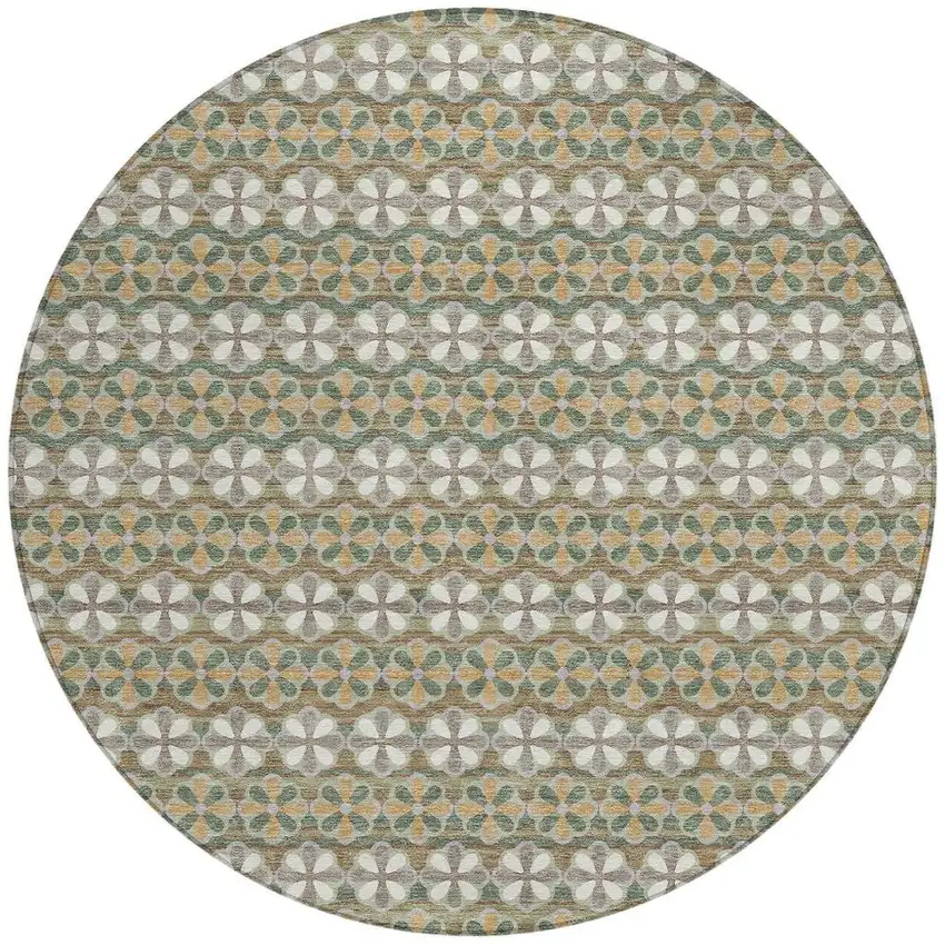 8' Green And Cream Round Striped Washable Indoor Outdoor Area Rug Photo 4