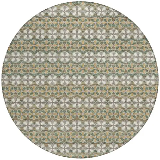 8' Green And Cream Round Striped Washable Indoor Outdoor Area Rug Photo 4