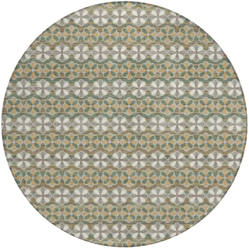 8' Green And Cream Round Striped Washable Indoor Outdoor Area Rug Photo 2