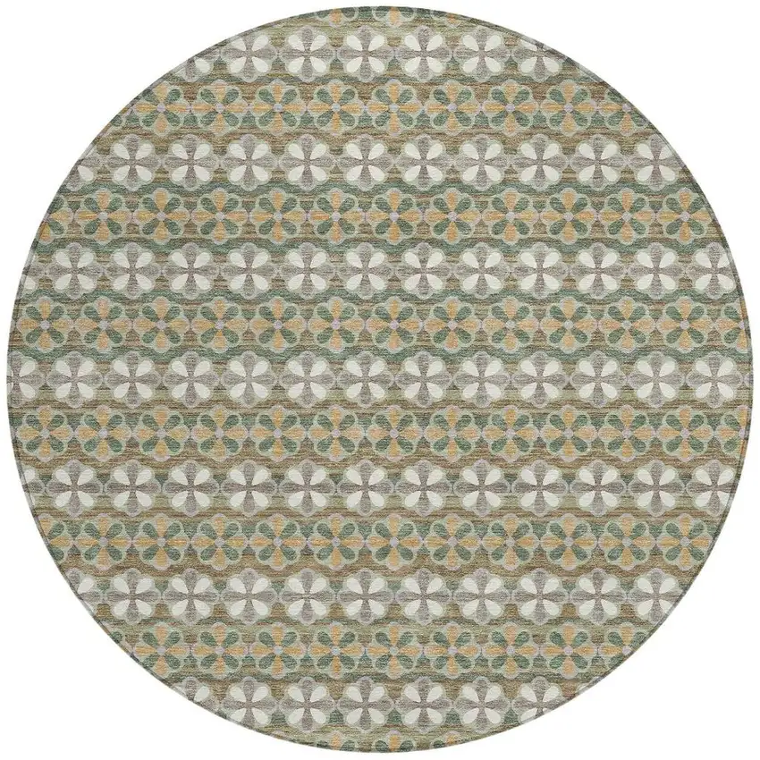8' Green And Cream Round Striped Washable Indoor Outdoor Area Rug Photo 6