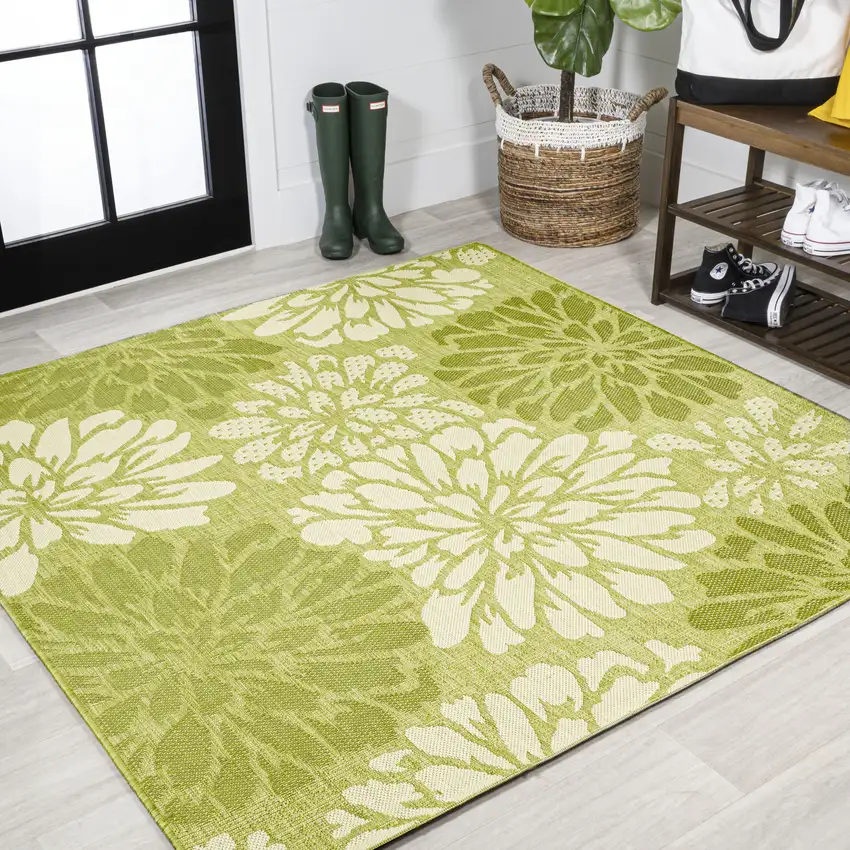 5' Green And Cream Square Floral Indoor Outdoor Area Rug Photo 3