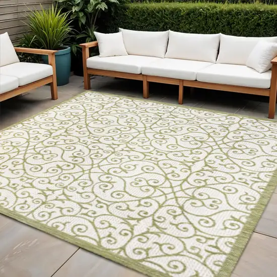 5' Green And Cream Square Geometric Indoor Outdoor Area Rug Photo 1
