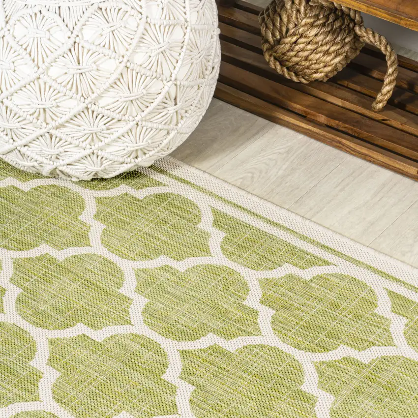 5' Green And Cream Square Geometric Indoor Outdoor Area Rug Photo 5