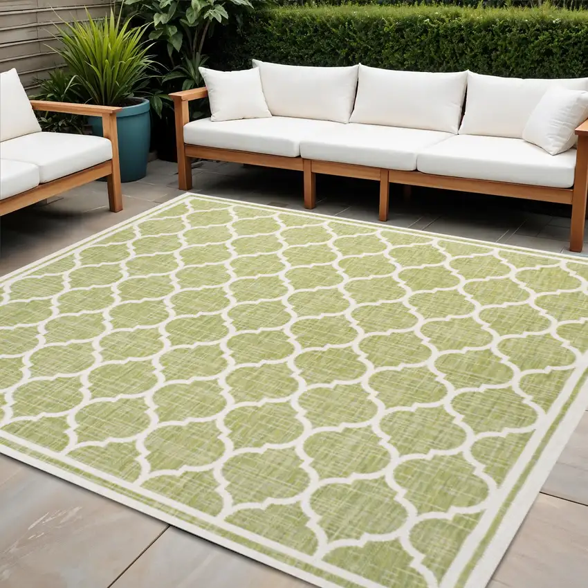 5' Green And Cream Square Geometric Indoor Outdoor Area Rug Photo 1
